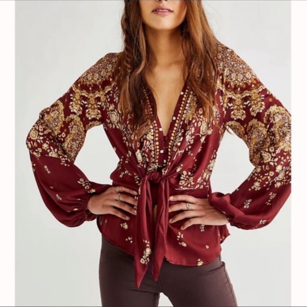 Free People Burgundy Paisley Tie-Front Long-Sleeve Tunic